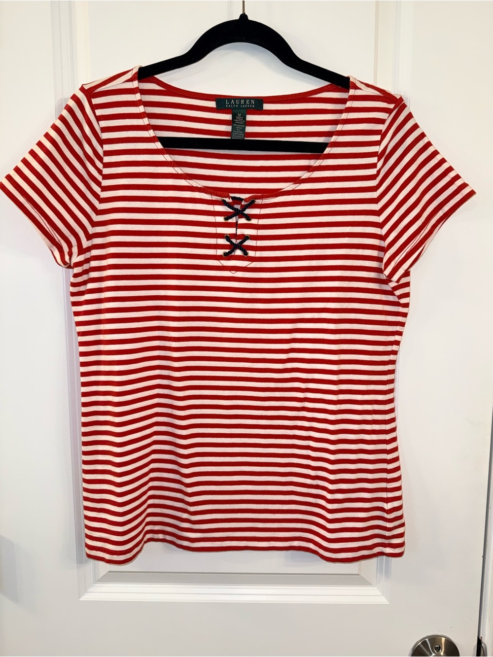 Lauren Ralph Lauren Nautical/Old Money Red & White Striped Short-Sleeve Top (M)